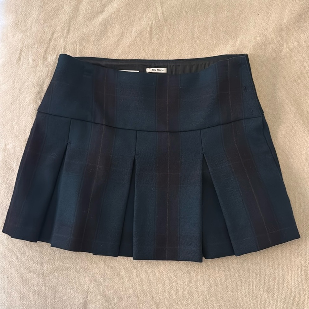 Vintage 90s Miu Miu Wool Pleated Plaid Mini Skirt